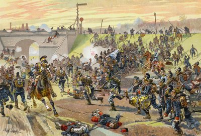 1870年10月11日、プロイセン戦争、オルレアン郊外の鉄道堤防を襲撃した最初のバイエルン軍団 作： German School